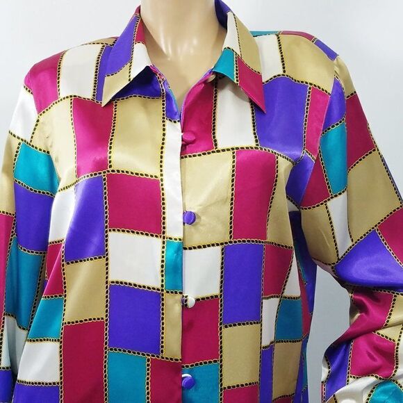 Christie and Jill Shirt Color Block Top Silky Fashion Blouse Chain Link - Picture 2 of 9